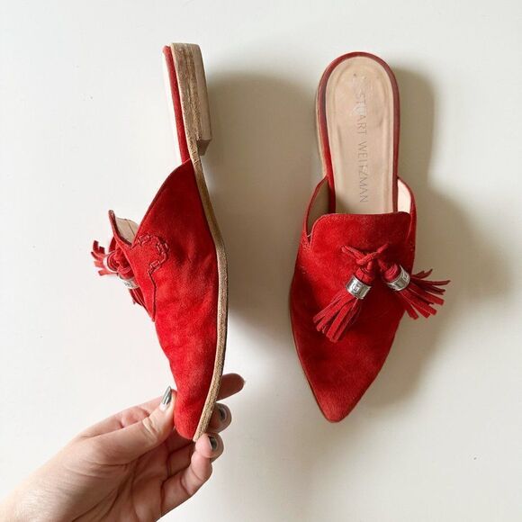 Stuart Weitzman Slidealong Tassel Pointed Toe Mule in Red Suede Women's 6 - Picture 3 of 9
